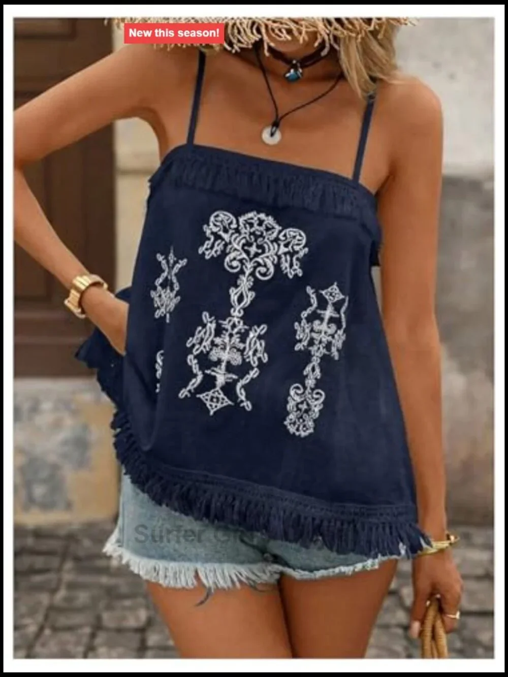 Boho Embroidered Sleeveless Cami Top Summer Vacation Spaghetti Strap